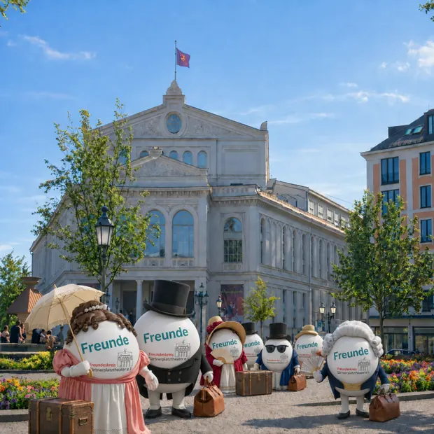 Freundeskreis-Figuren auf gemeinsamer Reise vor dem Gärtnerplatztheater